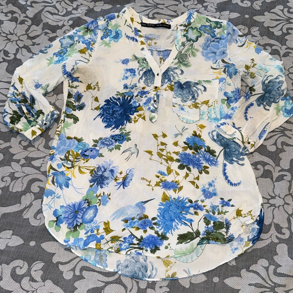 Zara Basic Blue and White Floral Top